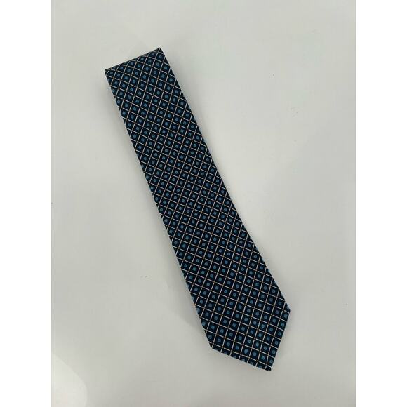 Vintage Aquascutum Tie Mens Blue Geometric Diamond Print Silk 56" Regular Width - Picture 1 of 11